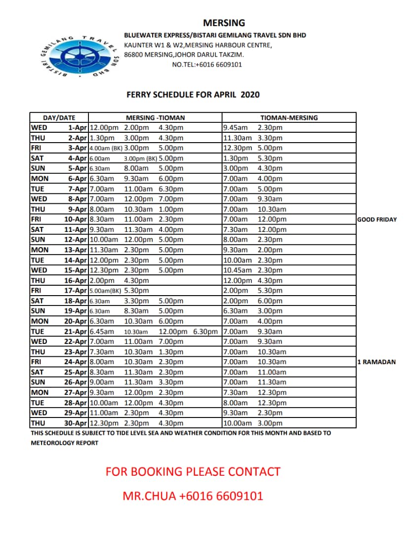 Mersing-Tioman Ferry Schedule April 2020