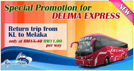 Delima Express bus service between Melaka and Kuala Lumpur promotion at RM 11.00 only (original RM 13.40)