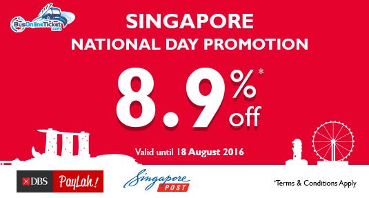 Singapore National Day Promotion 2016 - 8.9% OFF for Bus Tickets Booking via SingPost or DBS PayLah!