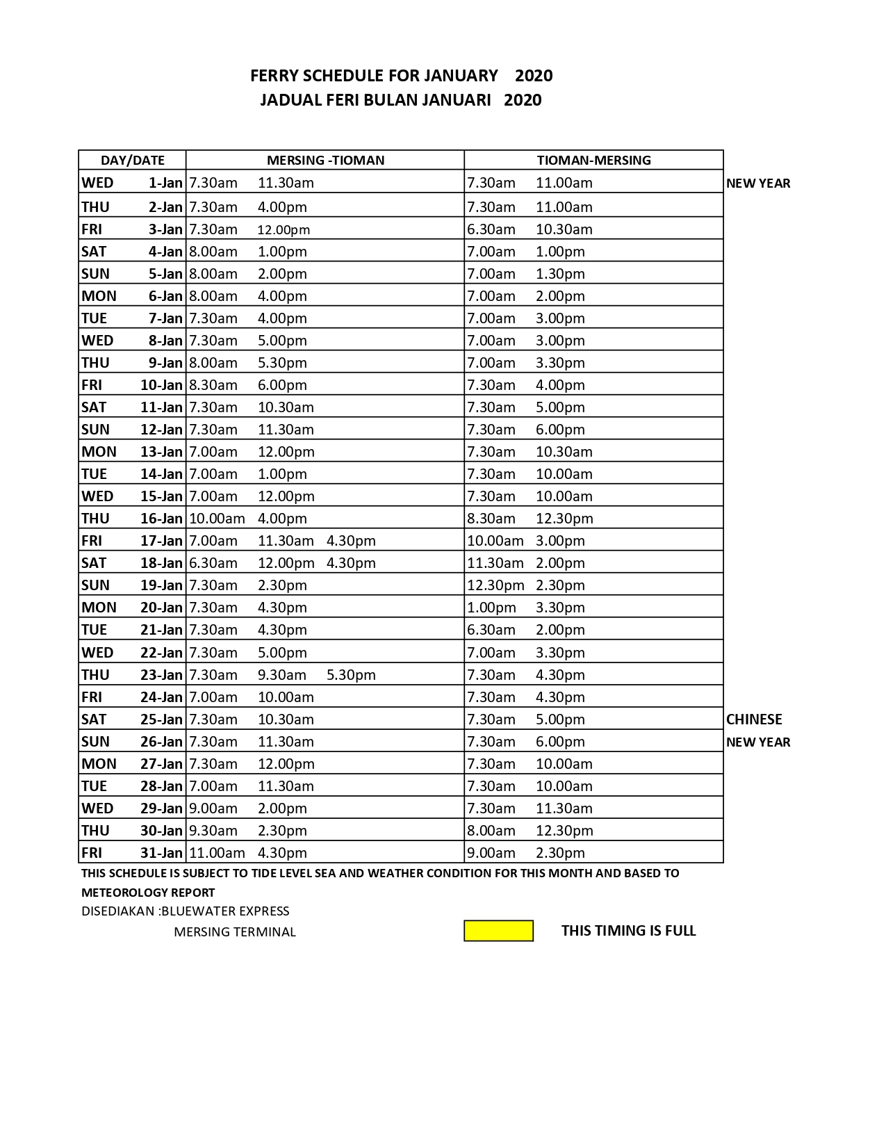 Mersing-Tioman Ferry Schedule January 2020