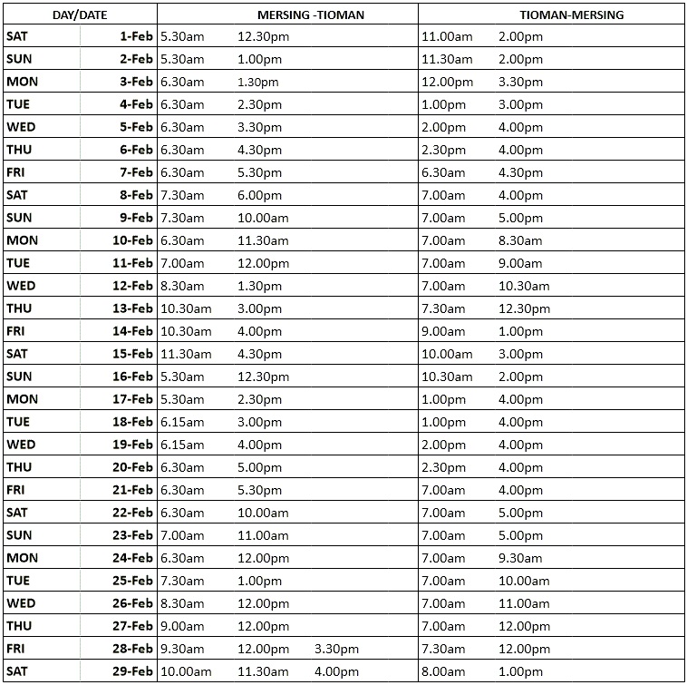 Mersing-Tioman Ferry Schedule February 2020